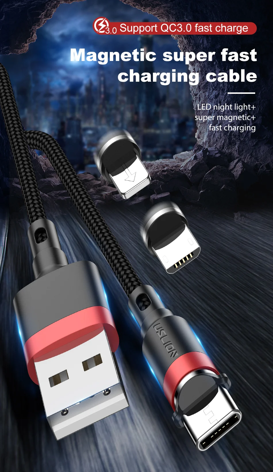 USLION 3A Магнитный кабель для быстрой зарядки Micro usb type C для iPhone huawei samsung Xiaomi кабель провод type-C Магнитный кабель для зарядного устройства