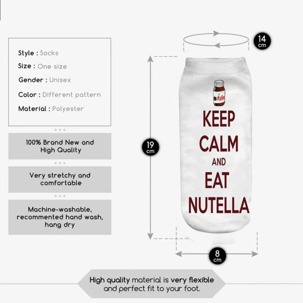 Keep calm and eat Nutella носки с 3D принтом Мужские Женские носки женские короткие носки