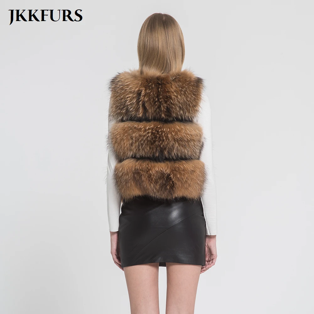 Новое поступление женский жилет JKKFURS из натурального меха енота модный стильный
