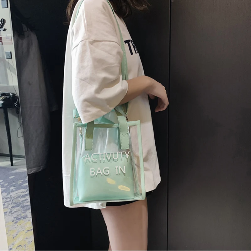 

Womens' Pouch 2 Piece/ Set Transparent Handbag Mini Pure Color Jelly Package Large Capacity Messenger Bags bolso mujer