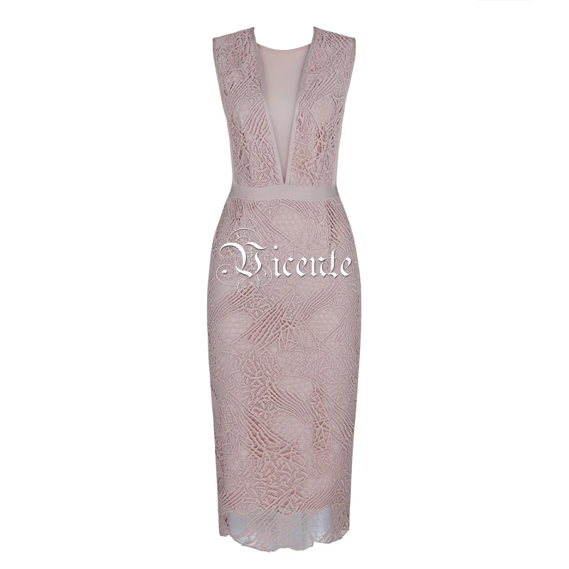 Vicente HOT Trendy Pink Lace Midi Dress Sexy Sleeveless Mesh Splicing Wholesale Celebrity Party Club Bandage | Женская одежда