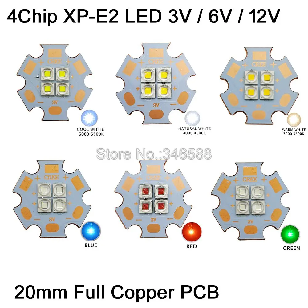 

3V / 6V / 12V Cree XPE2 XP-E2 4Chips 4LED 12W Cool White Neutral White Warm White Red Blue Green High Power LED Emitter 20mm PCB