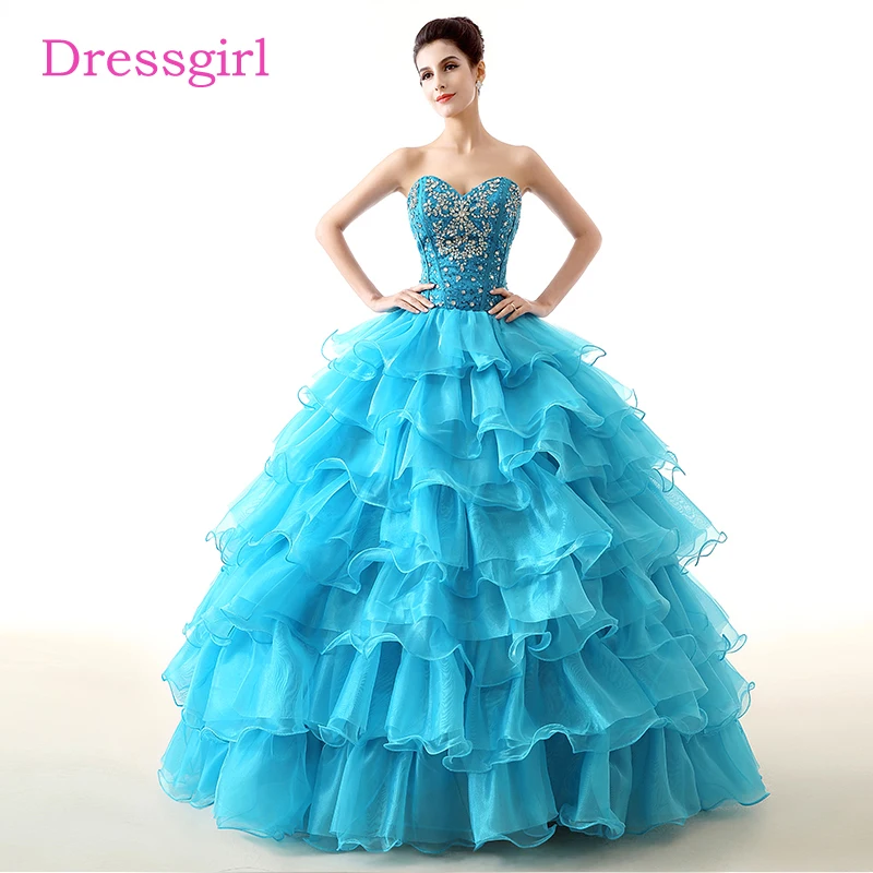 Недорогие голубые бальные платья Quinceanera, милое Многоярусное платье из органзы с блестками и бисером, милые платья 16 цветов