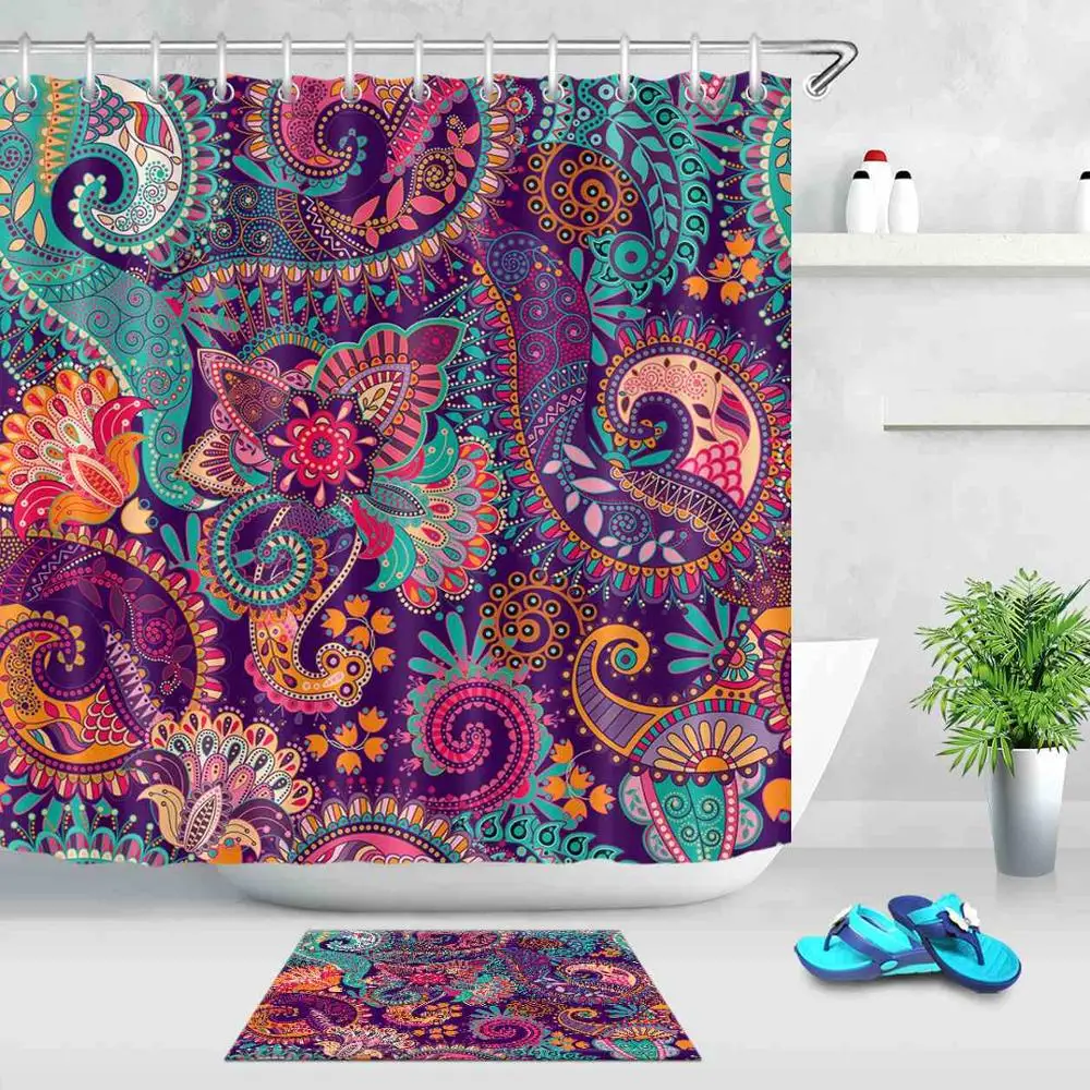 Curtain and mat set 180*200 индийский цветочный узор Пейсли занавеска для душа Мандала ванная комната удлиненная водонепроницаемая ткань для художественного декора ванной комнаты - Цвет: Curtain and mat set