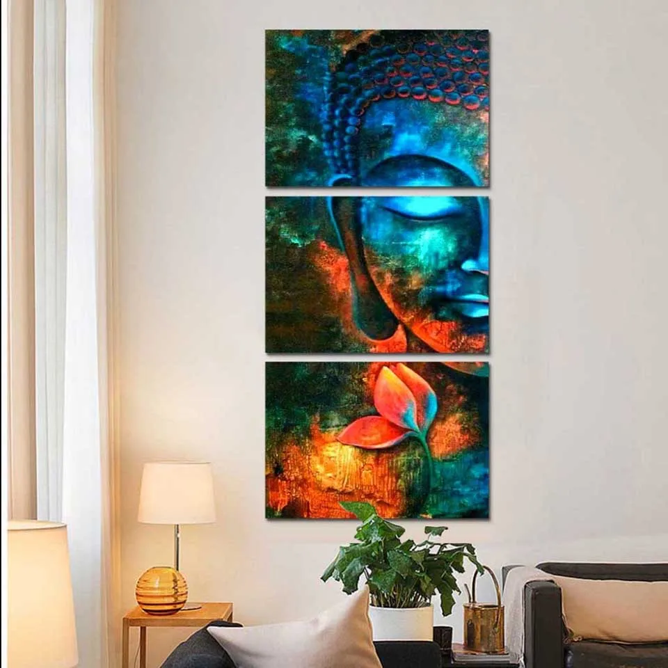 Decoration Frame Canvas Painting HD Poster 3 Panel Blue Buddha Portrait Wall Art Home For Living Room Modern Printed Pictures | Дом и сад
