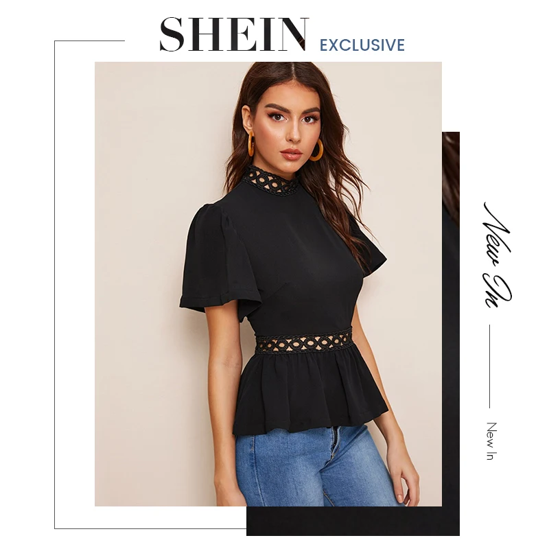 SHEIN модный топ с рукавами-крылышками и кружевной вставкой, элегантный однотонный топ с воротником-стойкой, летние женские блузки с коротким рукавом