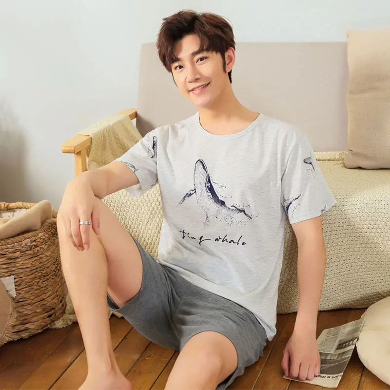 light grey BZEL/Новинка года; летняя домашняя одежда для мужчин; хлопковая одежда для сна; комплект с шортами; пижамный комплект; Para Hombre; Футболка с принтом дельфина и штаны; домашняя одежда - Цвет: light grey