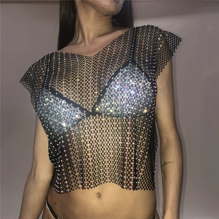 Black V-neck Летняя Сексуальная Сетчатая футболка с v-образным вырезом и бриллиантами, топы для женщин, однотонное бикини без рукавов, прозрачные стразы, пляжные вечерние топы - Цвет: Black V-neck