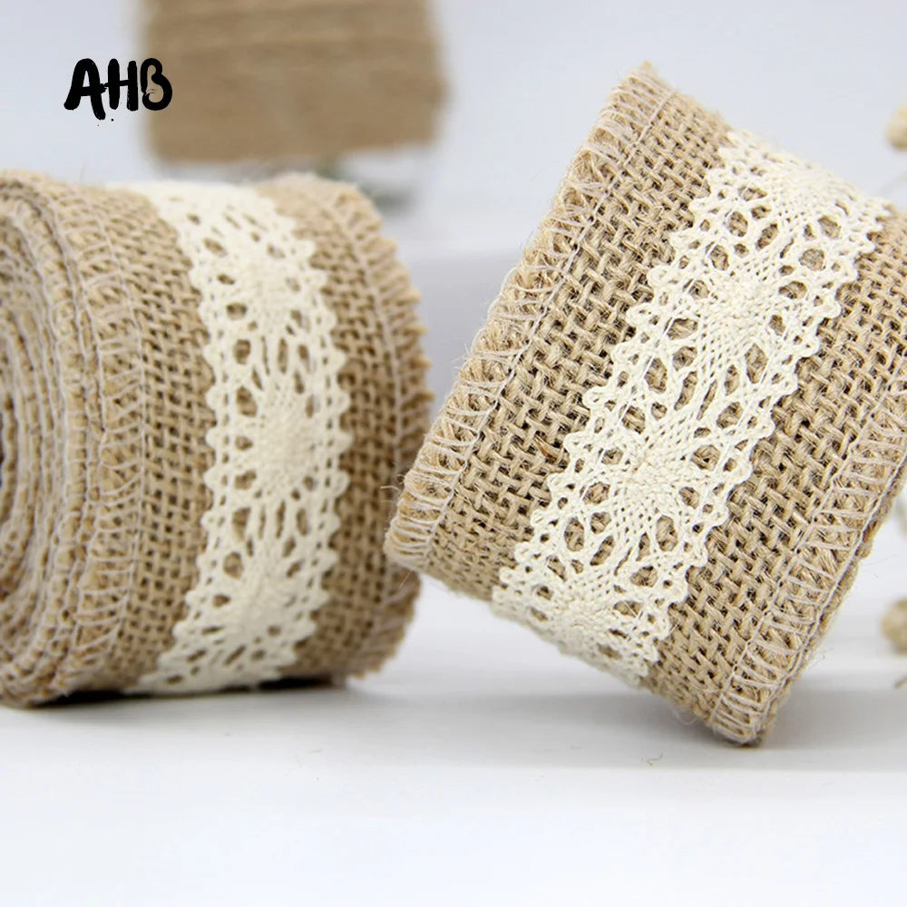 

5cm 2m/roll Natural Jute Burlap Hessian Ribbon with Cotton Lace DIY Trim Fabric For Sewing Wedding Party Decoration Accessories