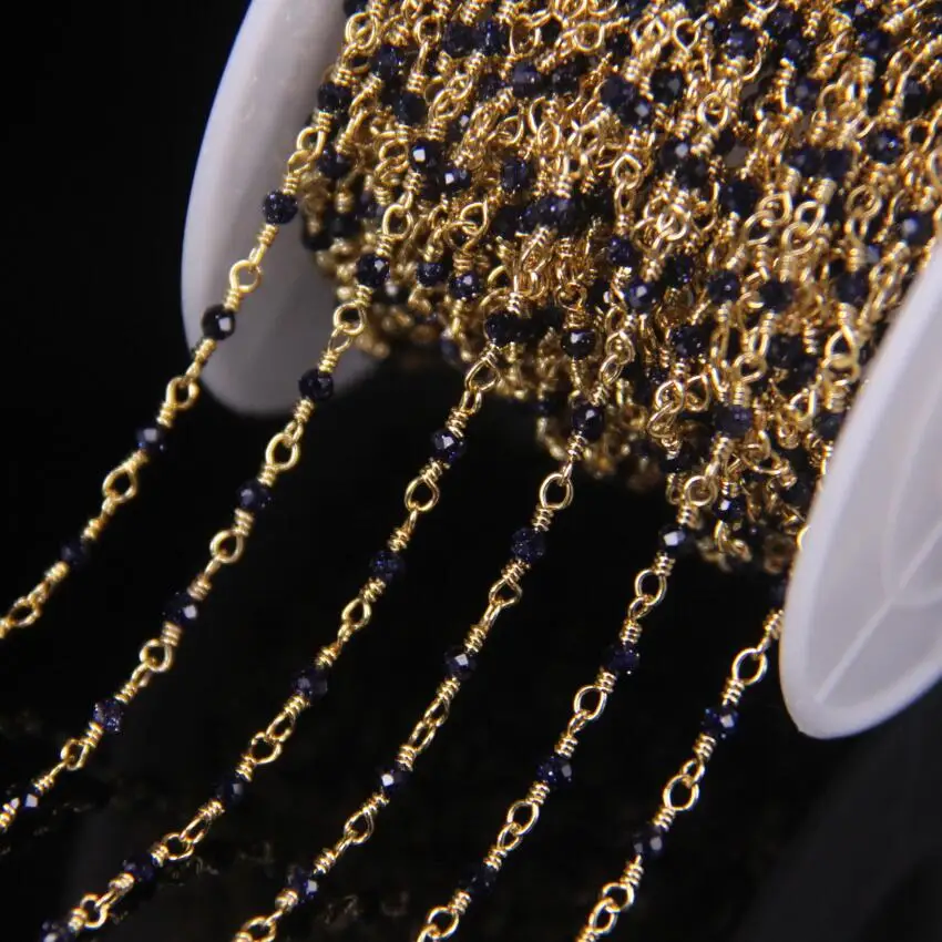 5Meter Blue Goldstone 2mm Faceted Round Beads Rosary Chain,Plated Gold Brass Wire Wrapped Gems Necklace Bracelet Sweater Chains