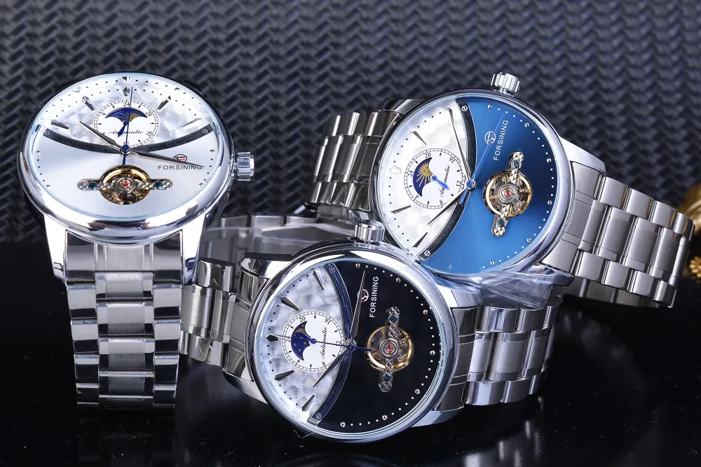Forsining Blue Moon Phase автоматические мужские часы, деловые часы, повседневные, стальной ремешок, водонепроницаемые, спортивные, механические, Relogio Masculino