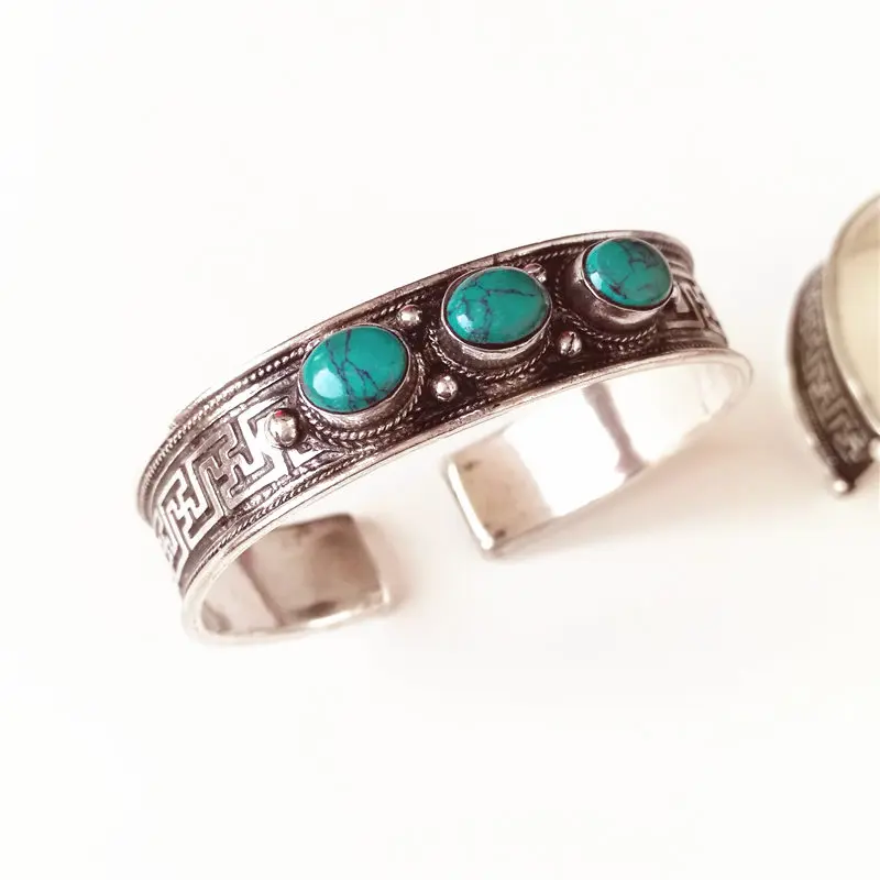 

BB-023 Tibetan White Metal Copper inlaid Stone Open Cuff Bangle