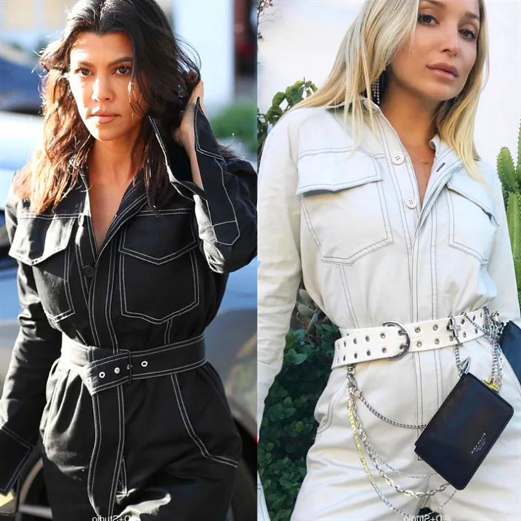 Комбинезон женский джинсовый с длинным рукавом модный ромпер поясом пикантный