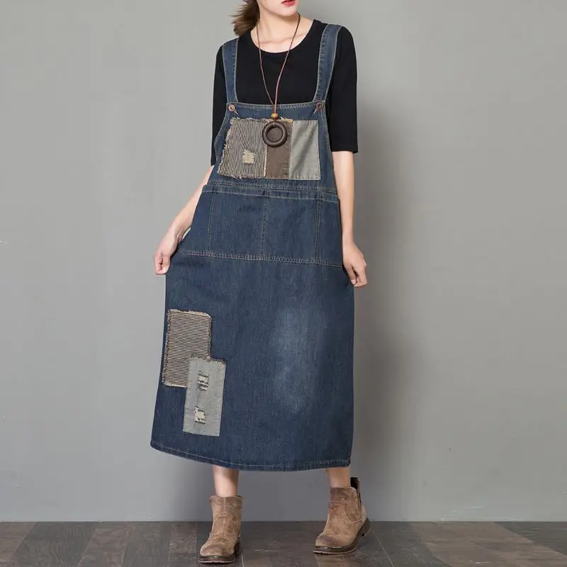 Джинсовое платье макси на подтяжках женское уличное в стиле хип хоп мешковатые