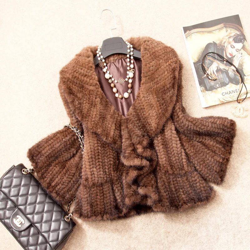Осенне зимняя женская натуральная вязаная норковая Меховая куртка с рюшами и