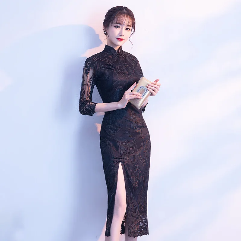 

2020 Black Chinese Wedding Dress Female Long Short Sleeve Cheongsam Slim Chinese Traditional Dress Women Qipao for Wedding Party