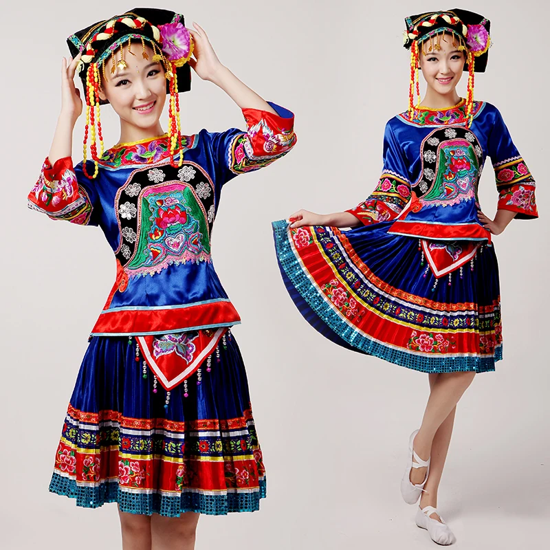 

Chinese Folk Dance High Grade Minority Costumes Female Tujia And Miao Dance Costume Ethnic Stage Performance Clothing