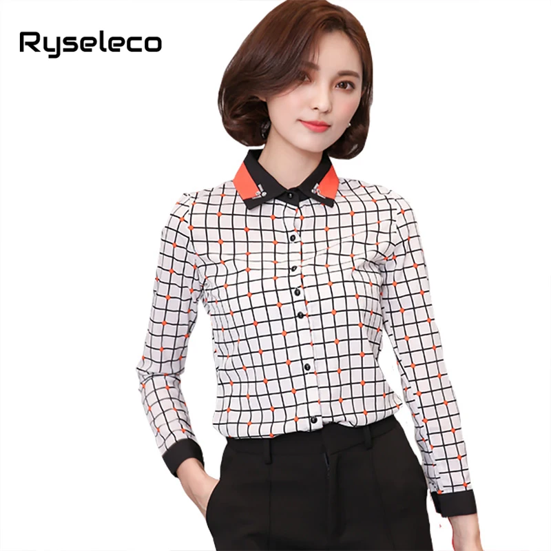 

Autumn New Fashion Plaid Office Lady Chiffon Blouse Women Quality Straight Loose Tops Oversized Checkboard Patches Casual Shirts