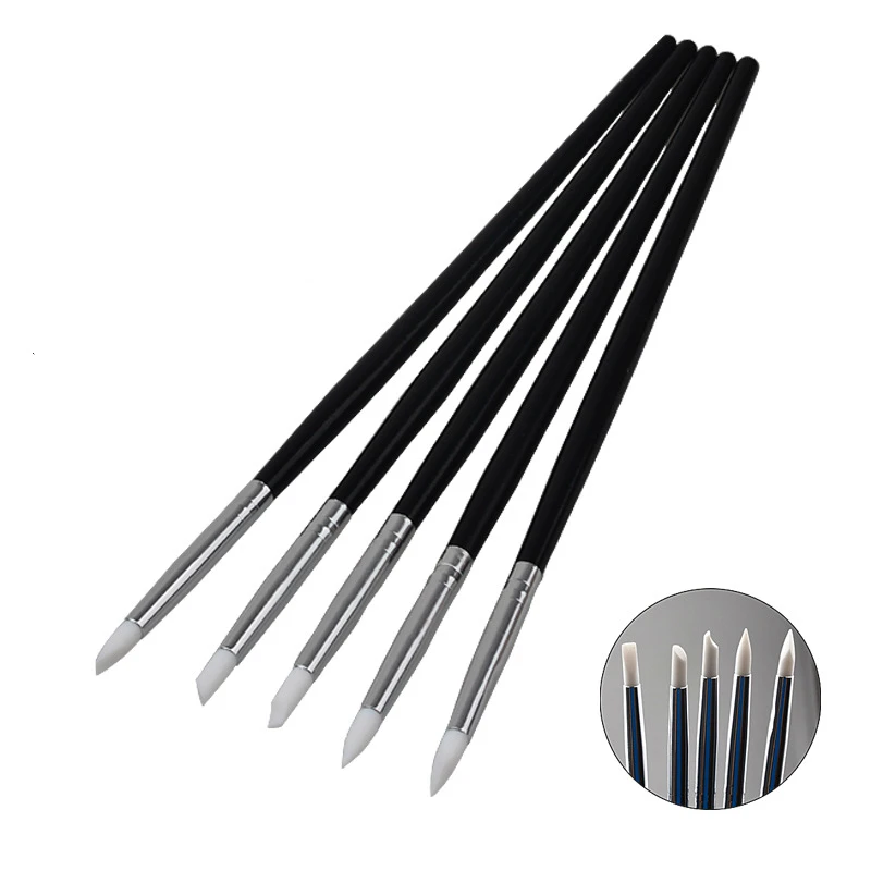 

5pcs Multifunction Profession Nail Pens Black Manicure Engraving Embossed Small Head Pen Super Soft Silicone Nail Art Pen Tools