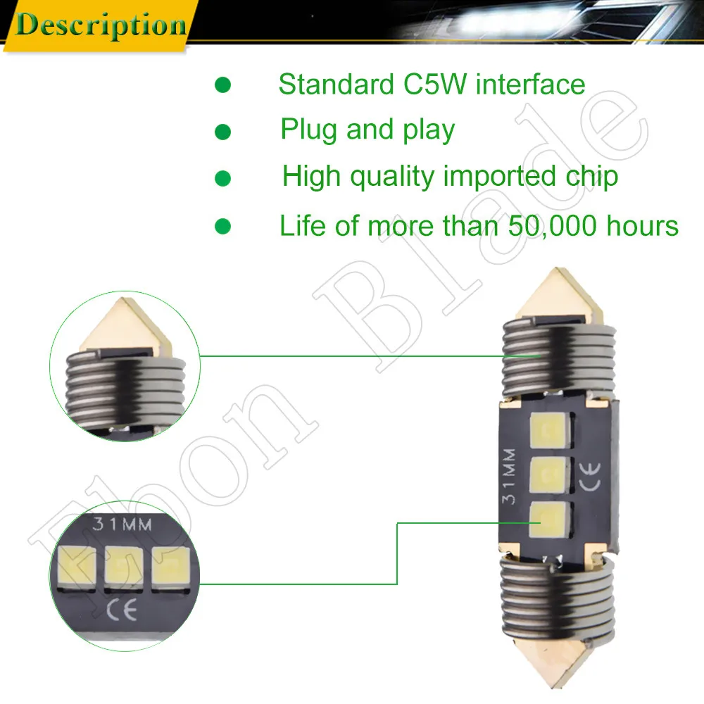 Светодиодный светильник для салона автомобиля 31 мм 36 39 41 3030 3 SMD белый C5W C10W |