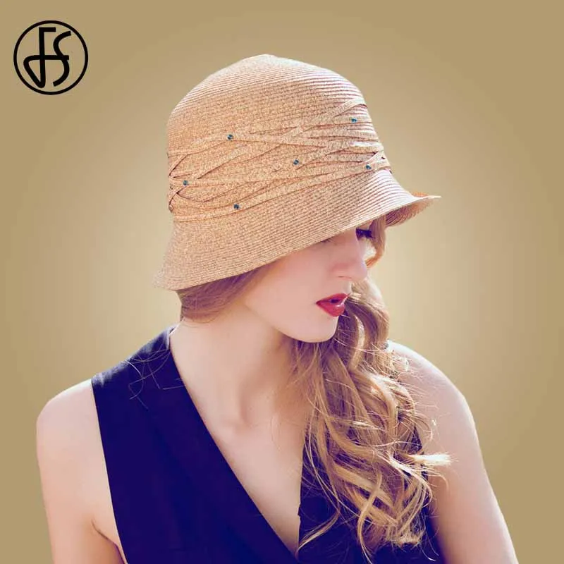 Женская соломенная шляпка от солнца FS пляжная складывающаяся с широкими полями