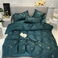 2018 Egyptian Cotton stars embroidery Bedding Sets white,green Bed Sheet Queen King size 4pcs Duvet Cover Sets