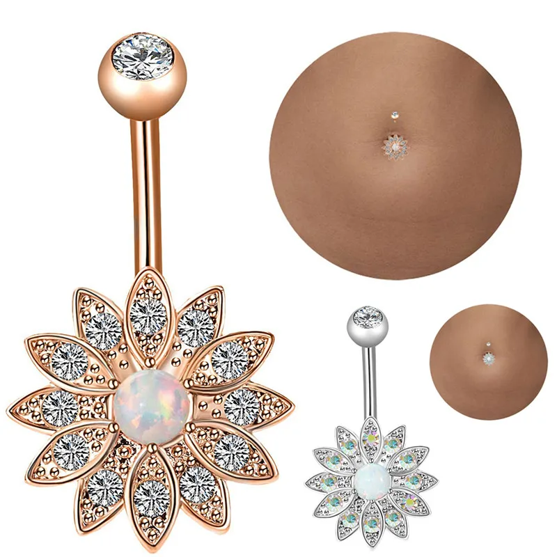 

1/3Pcs Lotus Flower Opal Navel Piercing Ring Gold Silver Color Bar Ball Belly Piercing Navel Earring Piercing Body Jewelry