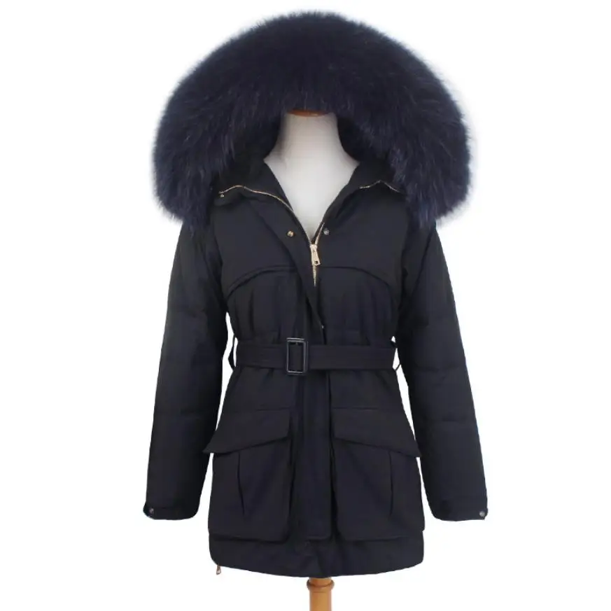 black with real fur S-XL, плюс размер, Новое поступление, большой натуральный меховой воротник, с капюшоном, белый утиный пух, пальто для женщин, зима, большой карман, толстый, длинный, теплый пуховик - Цвет: black with real fur