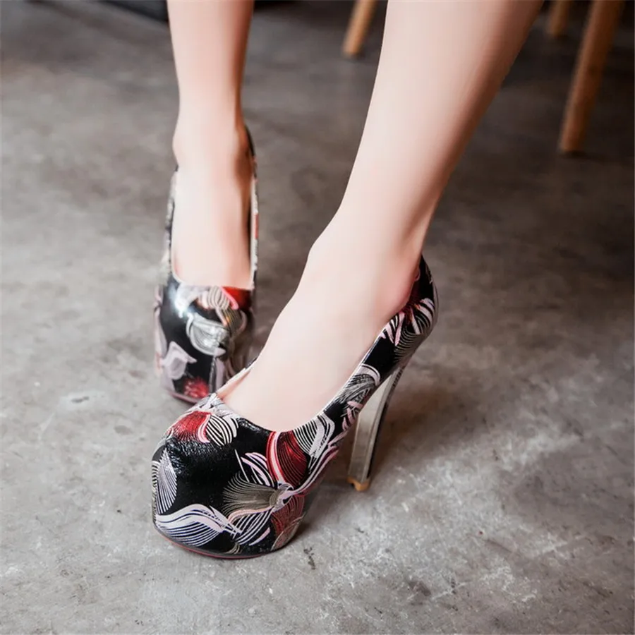 Rretro круглый носок печать женщины туфли на высоком каблуке новинка высокие