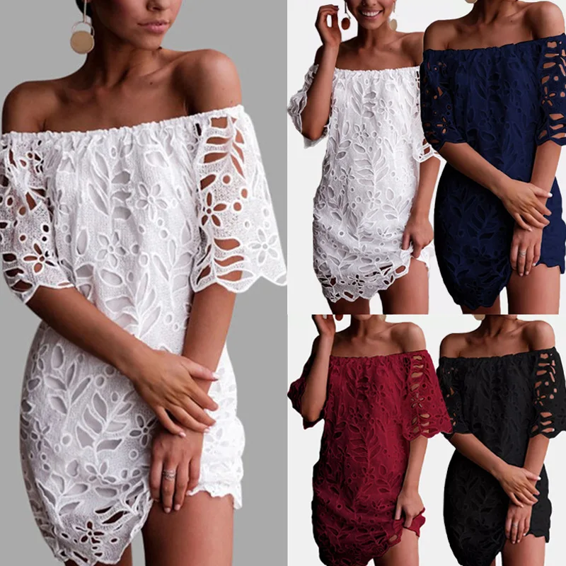 

Women Dress 2019 Boho Sexy Strapless Off Shoulder Dress Lace Up Hollow Out Vintage Elegant Mini Dress Beach Solid Fashion Dress