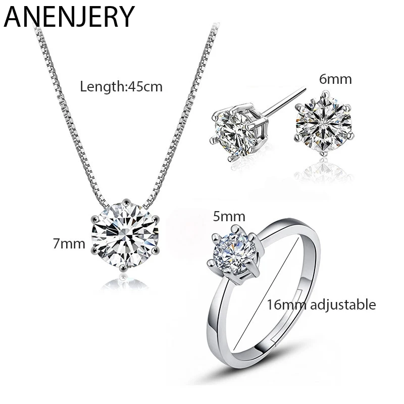 ANENJERY, классика, 925 пробы, серебро, ослепительное, 6 когтей, циркон, ожерелье+ серьги+ кольцо, ювелирные наборы для женщин, свадебные ювелирные изделия
