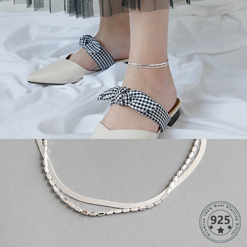 Louleur, серебро 925 пробы, плоские двухслойные ножные браслеты с бусинами, модная романтическая цепочка, регулируемые ножные браслеты для женщин, летние ювелирные изделия