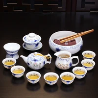 longyin blue and white porcelain honeycomb linglong complete set of ceramic kungfu teapot tea cup sea tea set xinyi linglong