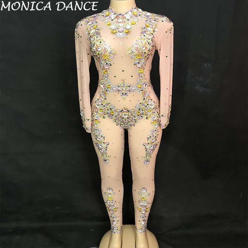 Women Net Yarn Sexy Jumpsuit Sparkling Crystals Bodysuit Nightclub Birthday Stage Costume Party Stage Wear Bling Dance Costumes