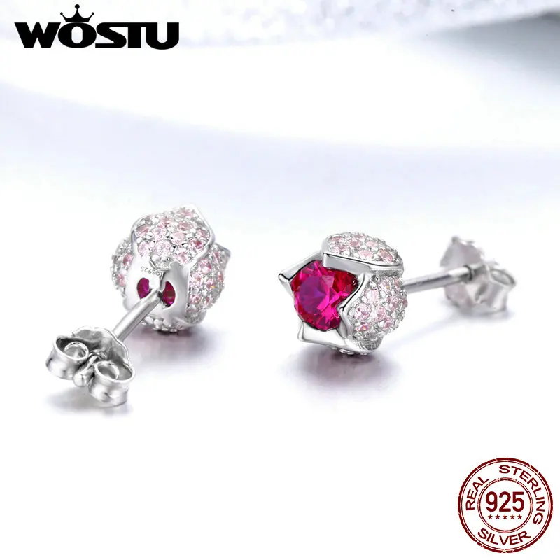 WOSTU, свадебные украшения, 925 пробы, серебро, красный цветок тюльпана, CZ, маленькие серьги-гвоздики, серебряные серьги для женщин, вечерние ювелирные изделия FNE042