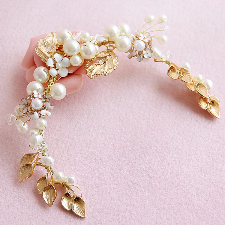 Ручной работы золотой цветочный жемчуг повязка листьев свадебный головной убор