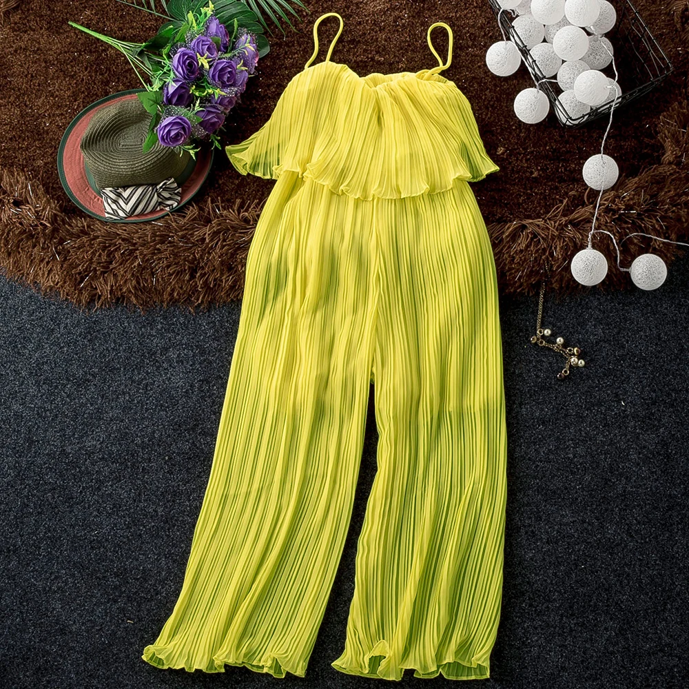Мода 2019 Лето шифоновый комбинезон без бретелек Плиссированные однотонные