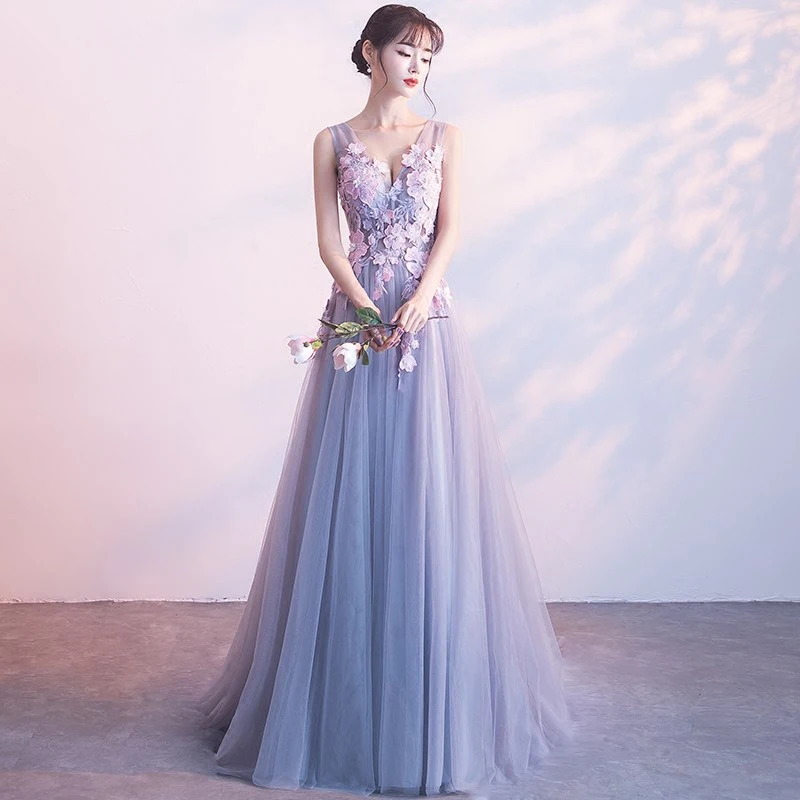Floor Length Элегантное Тюлевое длинное вечернее платье с аппликацией и длинным шлейфом для женщин, официальное банкетное платье, свадебные бандажные вечерние платья для выпускного вечера - Цвет: Floor Length