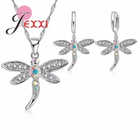 925 sterling silver jewelry set charm dragonfly pendant necklace earrings pave colorful crystal hot selling brincos collar
