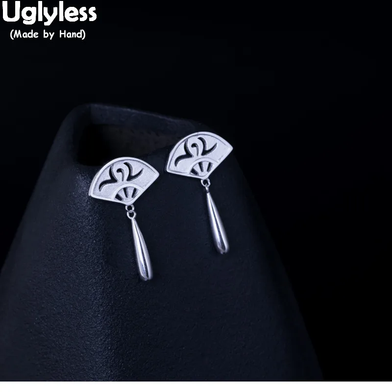 

Uglyless 100% Real 925 Sterling Silver Sector Earrings for Women Ethnic Hollow Studs Strip Tassel Brincos Bijoux Glossy Jewelry