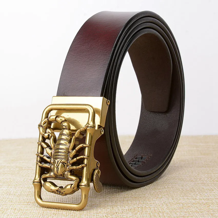 red brown gold buckl Прямые поставки от производителя, фирменный дизайнерский ремень для мужчин, высокое качество, натуральная кожа, ремни, мужской ремень, Ретро стиль, Скорпион, автоматическая пряжка, ремень для мужчин - Цвет: red brown gold buckl