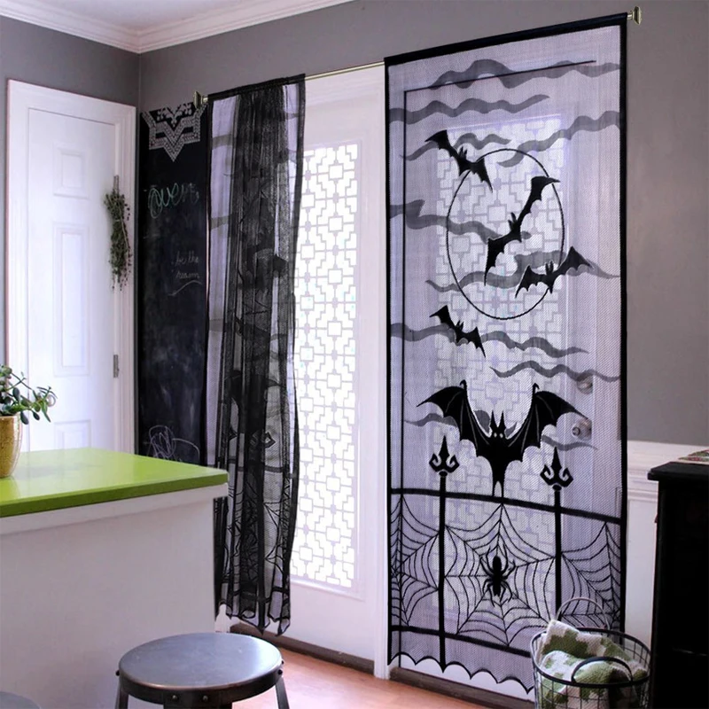 

Halloween Black Lace Curtain Haunted House Decoration Props Bat Spider Web Curtain window Party DIY Decoration 101x213cm 1PC