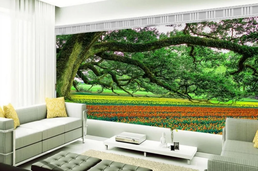 Бесплатная доставка 3d обои сад китайский стиль большое дерево Тюльпан цветы