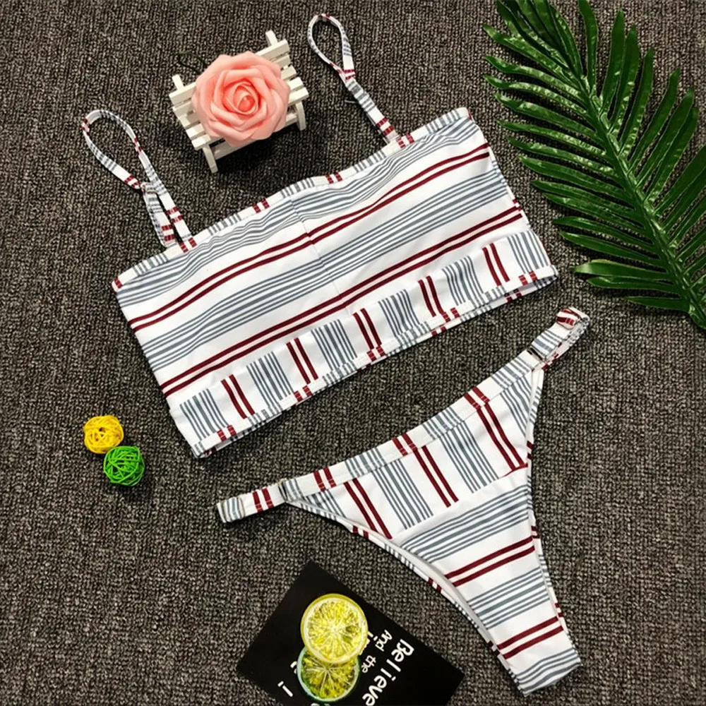SAGACE Two-piece suits striped print swimwear tube top swimsuit sexy women sports bather two piece for | Спорт и развлечения