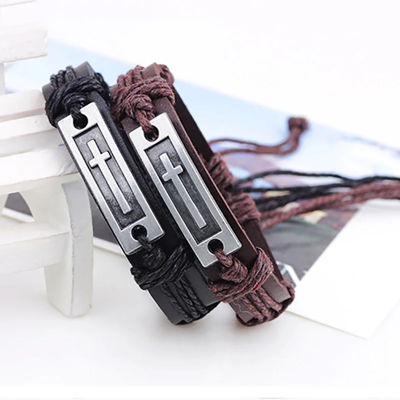 10 шт./лот крест браслеты из натуральной кожи манжеты браслет Античный серебряный