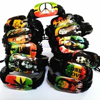 brand new jewelry 12pcs different mixed black mens and womens bob marley jamaica reggae rasta leather cuff bracelets gifts