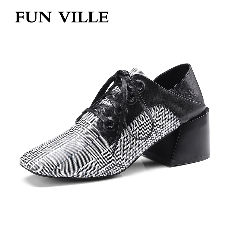 

FUN VILLE 2018 Spring New Fashion Genuine Leather pumps woman shoes Hoof heels Square toe lace up Sexy Ladies shoes size 34-42