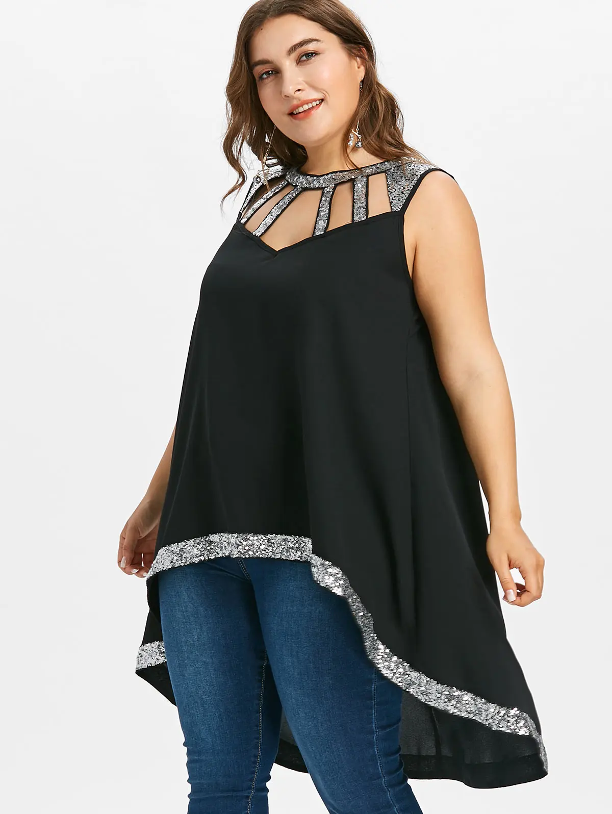 Топ с блестками ROSEGAL Свободный большого размера о-вырезом без рукавов | Женская