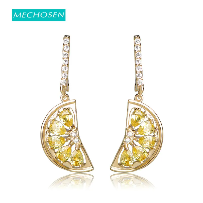 

MECHOSEN Fashion Lemon Shape Stud Earrings For Women Girls Pave Setting Colorful Zirconia Brincos Gold Color English Lock Earing