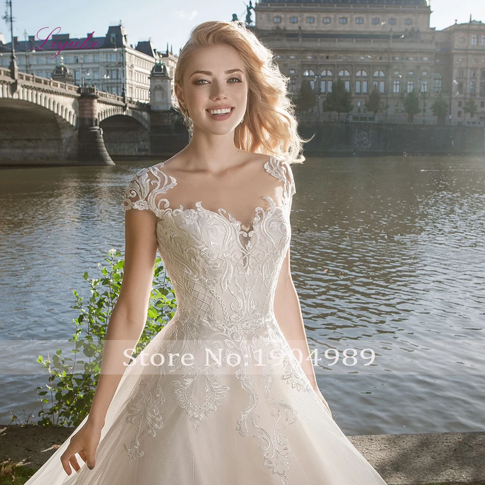 Liyuke 2019 Married A-line Wedding Dress Lace Up Appliques Cap Sleeves Scoop Neck Customized Floor-length | Свадьбы и торжества